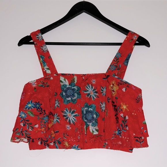 Zara Tops - ZARA Red Floral Broderie Anglaise Cotton Layered Crop Top